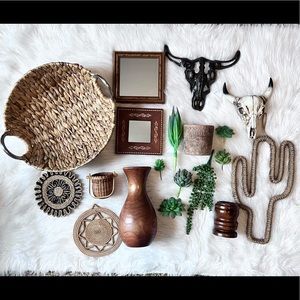 19 piece Boho home decor bundle wood mirrors, succulents, woven basket Knicknack